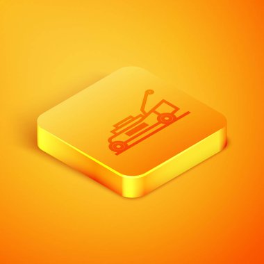 Turuncu arka planda izole edilmiş İzometrik hat Çim biçme makinesi simgesi. Çim biçme makinesi çim leri kesiyor. Turuncu kare düğme. Vektör İllüstrasyonu