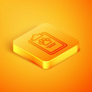 Turuncu arka plan üzerinde izole tıbbi klinik kayıt pet simgesi ile İzometrik çizgi Pano. Sağlık sigortası formu. Tıbbi kontrol işaretleri raporu. Turuncu kare düğme. Vektör İllüstrasyonu