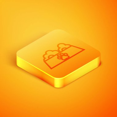 Turuncu arka plan üzerinde izole kedi veya köpek simgesi için İzometrik çizgi Pet gıda kase. Köpek ya da kedi pençesi izi. Turuncu kare düğme. Vektör İllüstrasyonu