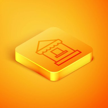 Turuncu arka planda yalıtılmış İzometrik çizgi Bilet gişe sonu simgesi. Konumlar ve spor için bilet satışı için bilet standı. Turuncu kare düğme. Vektör İllüstrasyonu