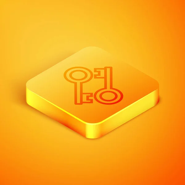 Isometric line Cryptocurrency key icon isolated on orange background. Concept of cyber security or private key, digital key with technology interface. Orange square button. Vector Illustration — Stock Vector