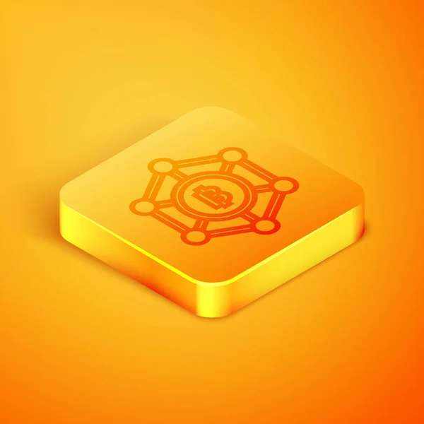 Isometrische Linie Blockchain-Technologie Bitcoin-Symbol isoliert auf orangefarbenem Hintergrund. abstrakte geometrische Blockchain-Netzwerktechnologie. orangefarbene quadratische Taste. Vektorillustration — Stockvektor