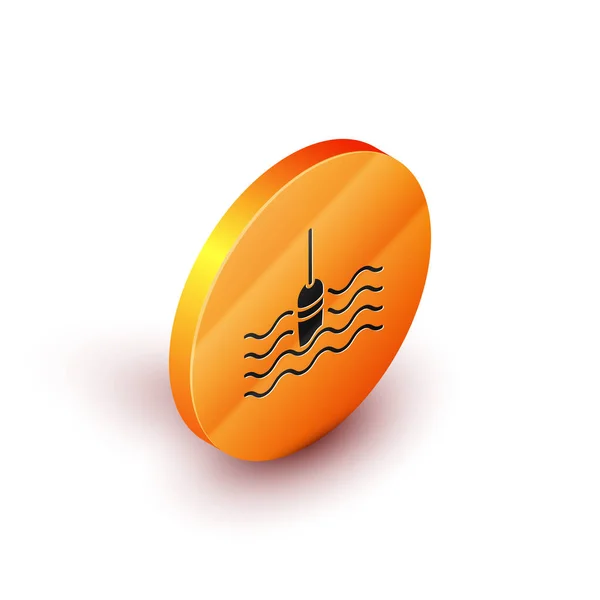 Isométrico flotador de pesca en el icono del agua aislado sobre fondo blanco. Aparejos de pesca. Botón círculo naranja. Ilustración vectorial — Archivo Imágenes Vectoriales