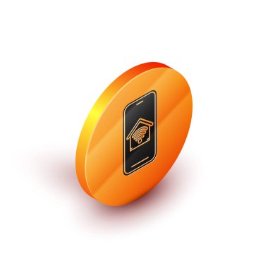 Beyaz arka plan üzerinde izole wi-fi simgesi ile akıllı ev ile İzometrik Cep telefonu. Uzaktan kumanda. Turuncu daire düğmesi. Vektör İllüstrasyonu