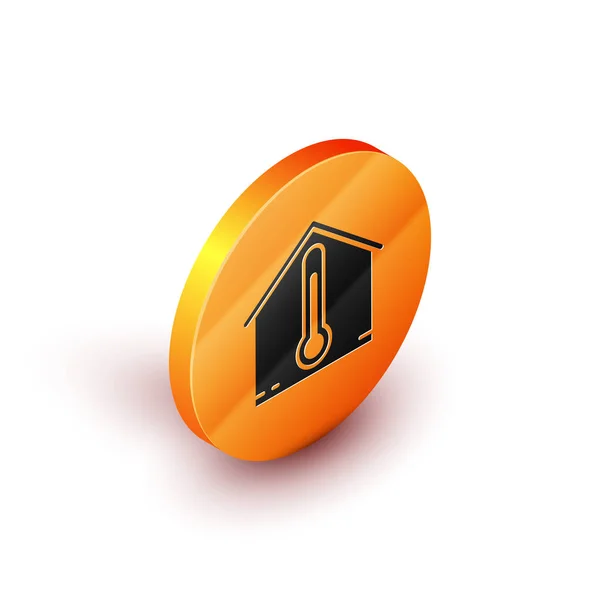 Izometryczna ikona temperatury domu na białym tle. Ikona termometru. Pomarańczowy przycisk koła. Ilustracja wektorowa — Wektor stockowy