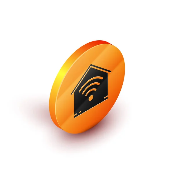Isometrisches Smart Home mit WLAN-Symbol isoliert auf weißem Hintergrund. Fernbedienung. orange Kreis-Taste. Vektorillustration — Stockvektor