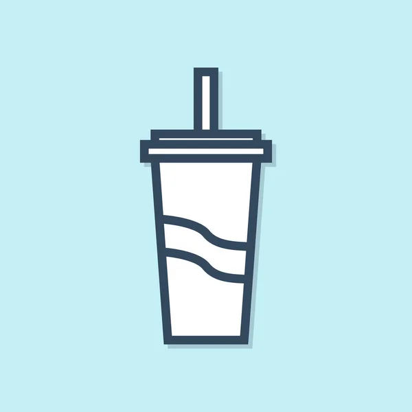 Línea azul Vidrio de papel con paja para beber e icono de agua aislado sobre fondo azul. Un vaso de refresco. Símbolo de bebida fría fresca. Ilustración vectorial — Vector de stock