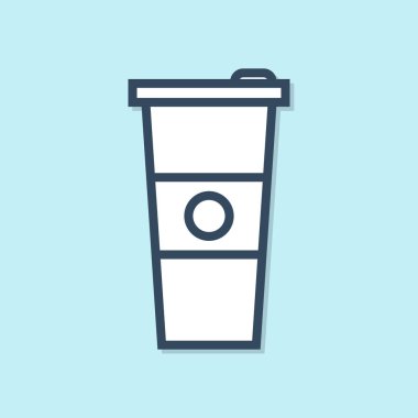 Mavi çizgi Kağıt cam ve su simgesi mavi arka plan üzerinde izole. Soda bardak iç. Taze soğuk içecek sembolü. Vektör İllüstrasyonu