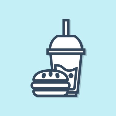 Mavi hat Kağıt cam içme saman ve burger simgesi mavi arka plan üzerinde izole ile. Soda su içecek işareti. Hamburger, çizburgerli sandviç. Vektör İllüstrasyonu