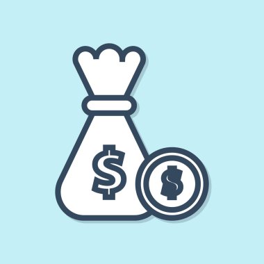 Mavi çizgi Para çantası ve sikke simgesi mavi arka plan üzerinde izole. Dolar veya Usd sembolü. Nakit Bankacılık para birimi işareti. Vektör İllüstrasyonu