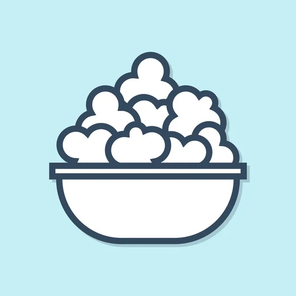 Blaue Linie Popcorn in Schüssel Symbol isoliert auf blauem Hintergrund. Popcorn-Eimerbox vorhanden. Vektorillustration — Stockvektor