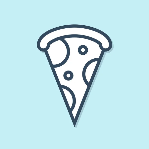 Línea azul Rebanada de icono de pizza aislada sobre fondo azul. Menú de comida rápida. Ilustración vectorial — Vector de stock