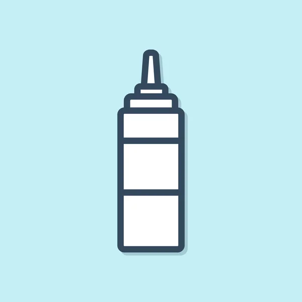 Blauwe lijn saus fles pictogram geïsoleerd op blauwe achtergrond. Ketchup, mosterd en mayonaise flessen met saus voor Fast Food. Vector illustratie — Stockvector