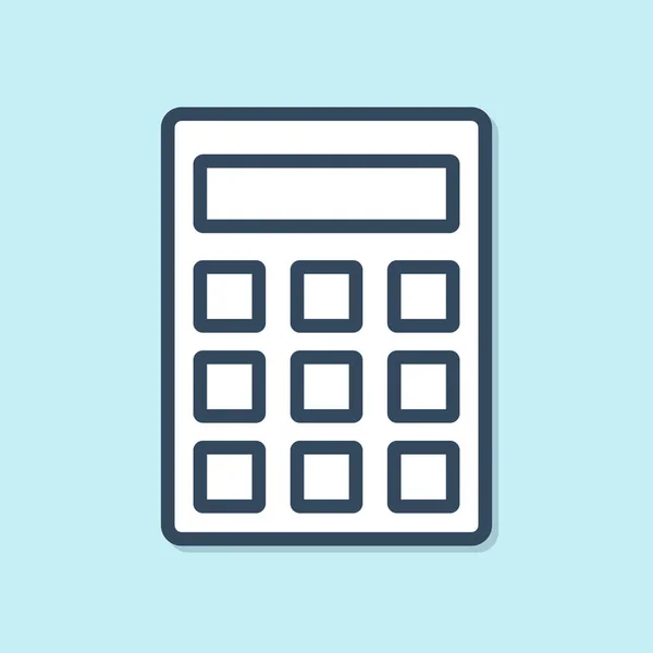 Icono de la calculadora de línea azul aislado sobre fondo azul. Símbolo contable. Cálculos de negocio matemáticas educación y finanzas. Ilustración vectorial — Vector de stock
