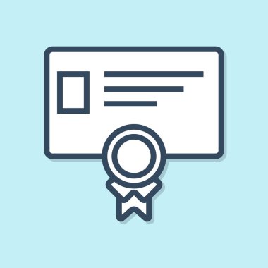 Mavi çizgi Sertifika şablonu simgesi mavi arka planda yalıtılmış. Başarı, ödül, derece, hibe, diploma kavramları. İş başarı belgesi. Vektör İllüstrasyonu