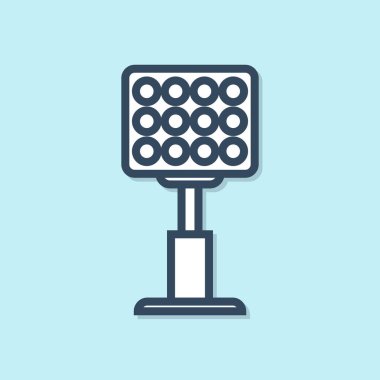 Mavi çizgi Parlak stadyum ışıkları simgesi mavi arka plan üzerinde izole. Spot ışığı bir futbol sahasında. Projektör, ışık projektörü. Vektör İllüstrasyonu