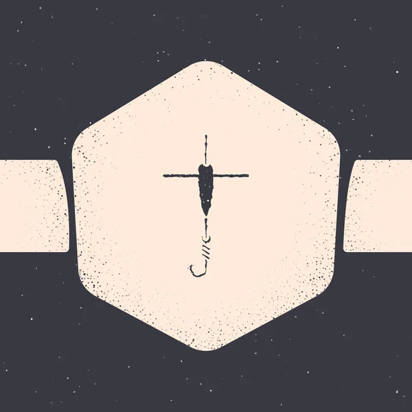 Grunge Pesca gancho e flutuador ícone isolado no fundo cinza. Equipamento de pesca. Desenho vintage monocromático. Ilustração vetorial — Vetor de Stock