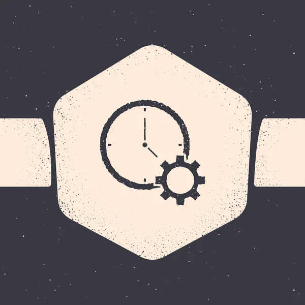 Icono de Grunge Time Management aislado sobre fondo gris. Señal de reloj y engranaje. Símbolo de productividad. Dibujo vintage monocromo. Ilustración vectorial — Archivo Imágenes Vectoriales