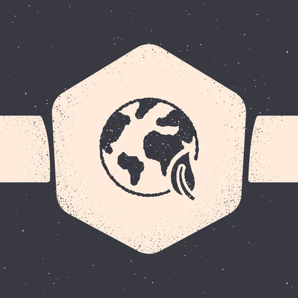 Tierra Grunge globo y hoja icono aislado sobre fondo gris. Signo del mundo o la Tierra. Formas geométricas. Concepto ambiental. Dibujo vintage monocromo. Ilustración vectorial — Vector de stock