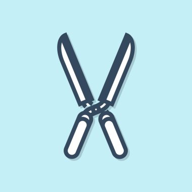 Mavi çizgi Bahçe el yapımı makas mavi arka plan üzerinde izole simgesi kırpma için. Ahşap saplı budama makasları. Vektör İllüstrasyonu