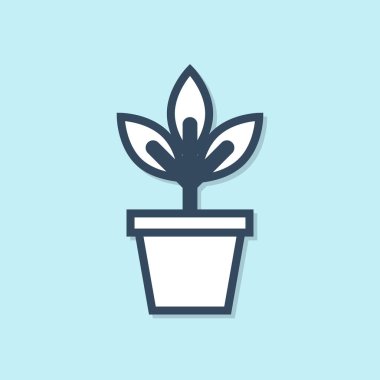 Mavi arka planda yalıtılmış saksı simgesindeki Mavi çizgi Çiçekler. Bir tencerede yetişen bitki. Saksı bitki işareti. Vektör İllüstrasyonu