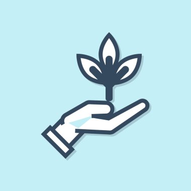 Mavi çizgi Bitki mavi arka plan üzerinde izole çevre koruma simgesi elinde. Tohum ve fide. Fidan dikimi. Ekoloji kavramı. Vektör İllüstrasyonu