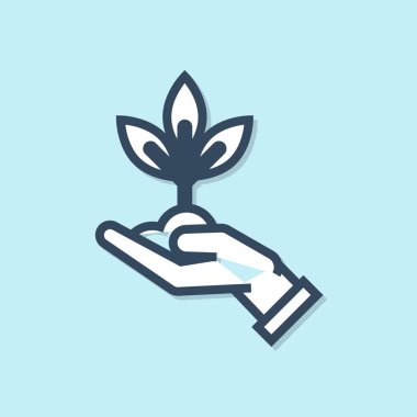 Mavi çizgi Bitki mavi arka plan üzerinde izole çevre koruma simgesi elinde. Tohum ve fide. Fidan dikimi. Ekoloji kavramı. Vektör İllüstrasyonu