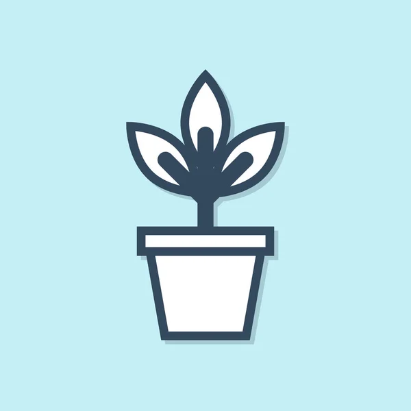 Línea azul Flores en maceta icono aislado sobre fondo azul. Planta creciendo en una maceta. Signo de planta en maceta. Ilustración vectorial — Vector de stock