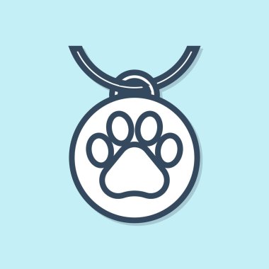 Mavi arka planda yalıtılmış ad etiketi simgesine sahip Mavi çizgi Yaka. Evcil hayvanlar için erzak. Köpek ya da kedi pençesi izi. Kedi ve köpek bakımı. Evcil hayvan zincirleri. Vektör İllüstrasyonu