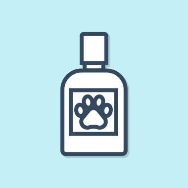 Mavi çizgi Köpek ilaç şişe simgesi mavi arka plan üzerinde izole. Haplarla dolu bir kap. Hayvanlar için reçeteli ilaç. Vektör İllüstrasyonu