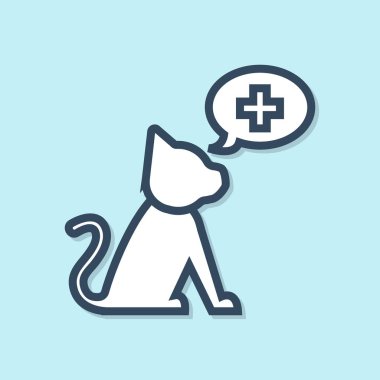 Mavi çizgi Veteriner kliniği sembol simgesi mavi arka plan üzerinde izole. Kedi veteriner bakımı ile çapraz. Pet İlk Yardım işareti. Vektör İllüstrasyonu