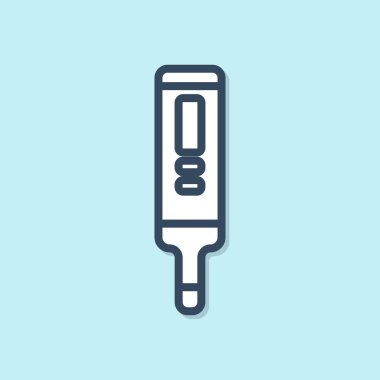 Mavi arka plan üzerinde izole tıbbi muayene simgesi için Mavi hat Tıbbi dijital termometre. Vektör İllüstrasyonu