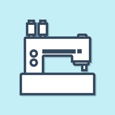 Mavi çizgi Dikiş makinesi simgesi mavi arka plan üzerinde izole. Vektör İllüstrasyonu