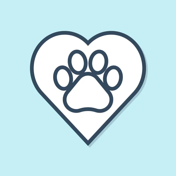 Modrá linie srdce se zvířaty ikona stopy izolovaná na modrém pozadí. V srdci domácí tlapa. Miluji zvířata. Vektorová ilustrace — Stockový vektor