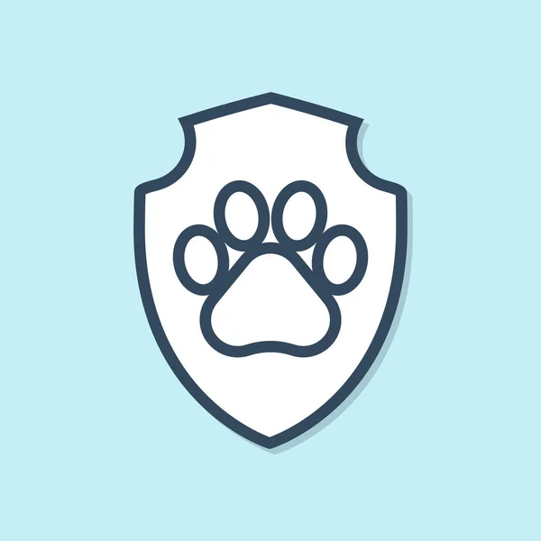 Línea azul Icono del seguro de salud animal aislado sobre fondo azul. Icono de protección para mascotas. Huella de pata de perro o gato. Ilustración vectorial — Archivo Imágenes Vectoriales