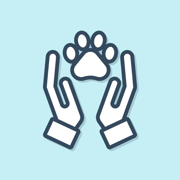 Blue line Hands with animals footprint icon isolated on blue background. Pet paw in heart. Love to the animals. Vector Illustration — Stock Vector