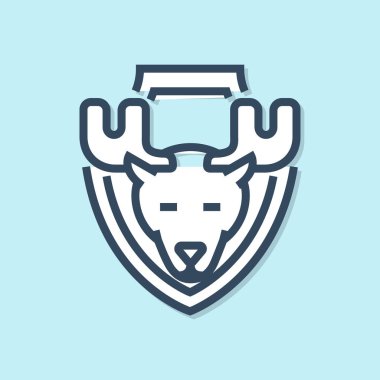 Mavi arka planda izole kalkan simgesi üzerinde Mavi çizgi Moose baş. Duvarda av ganimeti. Vektör İllüstrasyonu