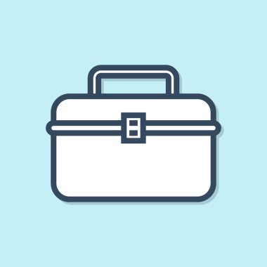 Mavi çizgi Case veya mavi arka plan üzerinde izole wobbler ve dişli balıkçılık ekipmanları simgesi için kutu konteyner. Olta takımı. Vektör İllüstrasyonu