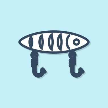 Mavi çizgi Balıkçılık yem simgesi mavi arka plan üzerinde izole. Olta takımı. Vektör İllüstrasyonu