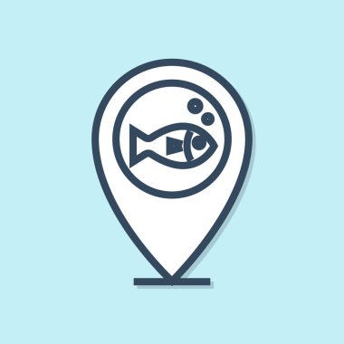 Mavi çizgi Mavi arka planda yalıtılmış konum olta simgesi. Balıkçı yeri. Vektör İllüstrasyonu