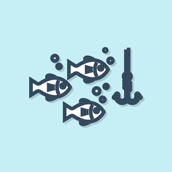 Línea azul Gancho de pesca bajo el agua con icono de pescado aislado sobre fondo azul. Aparejos de pesca. Ilustración vectorial — Vector de stock