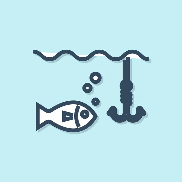 Línea azul Gancho de pesca bajo el agua con icono de pescado aislado sobre fondo azul. Aparejos de pesca. Ilustración vectorial — Vector de stock