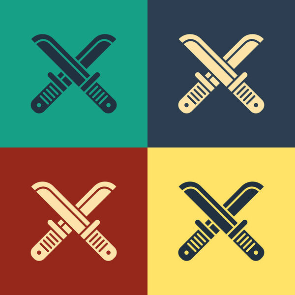 Color Crossed hunter knife icon isolated on color background. Army knife. Vintage style drawing. Vector Illustration