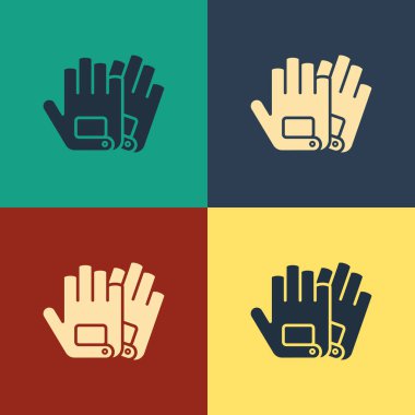 Renkli Eldiven simgesi renk arka planda yalıtılmış. Ekstrem sporlar. Spor ekipmanları. Vintage tarzı çizim. Vektör İllüstrasyonu