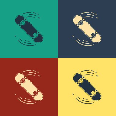 Renk arka planda yalıtılmış renk Kaykay hile simgeler. Ekstrem sporlar. Spor ekipmanları. Vintage tarzı çizim. Vektör İllüstrasyonu