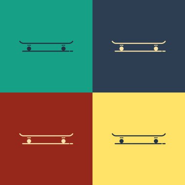 Renk arka planda yalıtılmış renk kaykay simgesi. Ekstrem sporlar. Spor ekipmanları. Vintage tarzı çizim. Vektör İllüstrasyonu