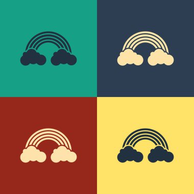 Renk arka planda yalıtılmış bulutlar simgesi ile Renk Gökkuşağı. Vintage tarzı çizim. Vektör İllüstrasyonu