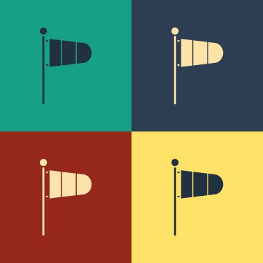 Renk Koni meteoroloji windsock rüzgar vane simgesi renk arka plan izole. Windsock rüzgarın yönünü ve gücünü gösterir. Vintage tarzı çizim. Vektör İllüstrasyonu