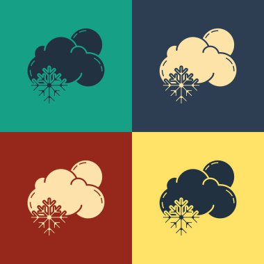 Renkli bulut, kar ve güneş simgesi renk arka planda izole. Kar taneli bulut. Tek hava durumu simgesi. Kar işareti. Vintage tarzı çizim. Vektör İllüstrasyonu