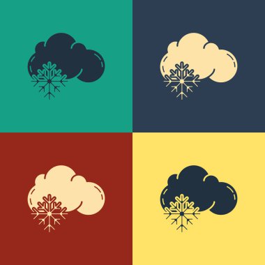 Renk arka planda yalıtılmış kar simgesi ne renk bulutu. Kar taneli bulut. Tek hava durumu simgesi. Kar işareti. Vintage tarzı çizim. Vektör İllüstrasyonu